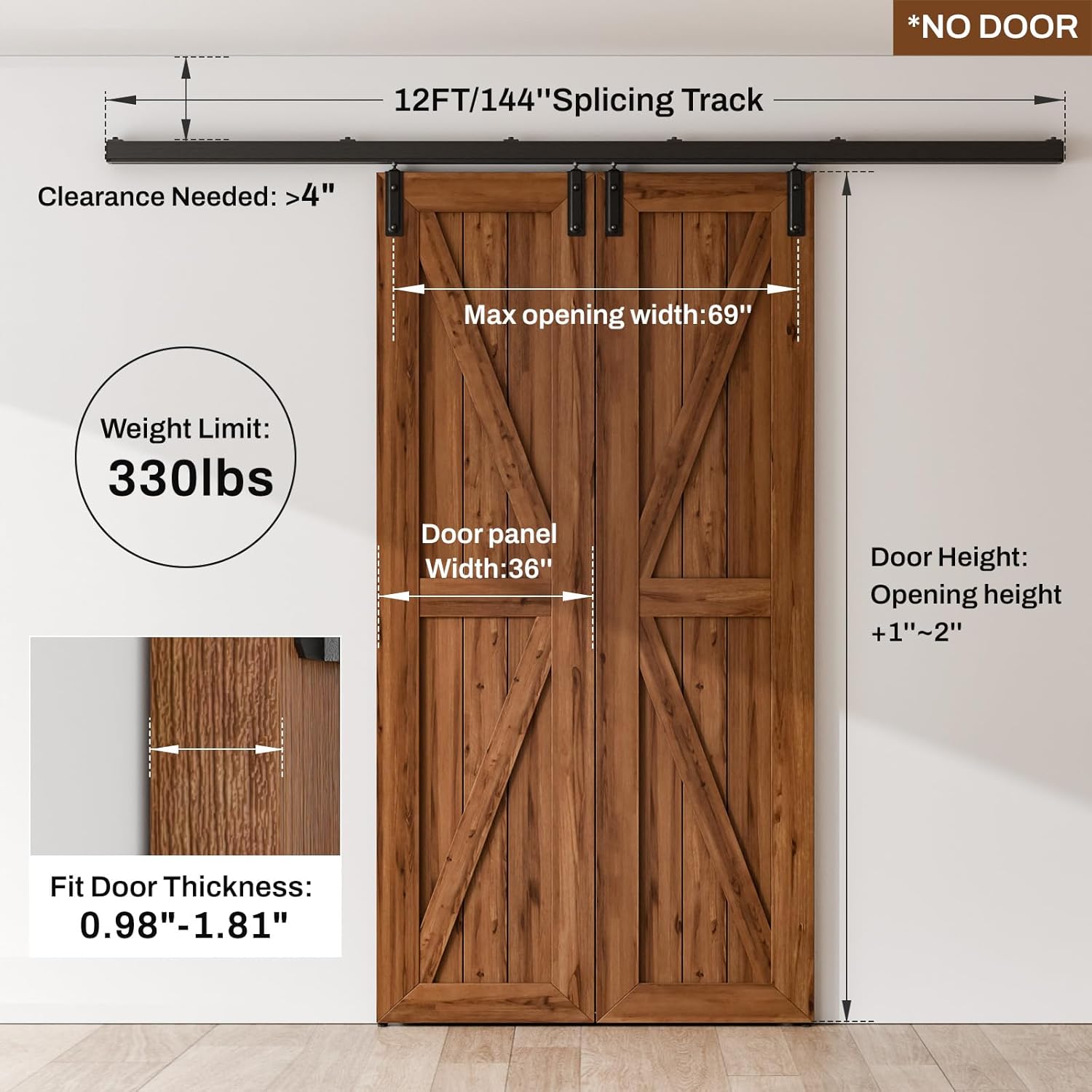 144/12FT Double Barn Door Hardware Kit Box Rail, Exterior Barn Door Hardware Kit Wall Mount, Heavy Duty Aluminium Alloy Track (No Panel)